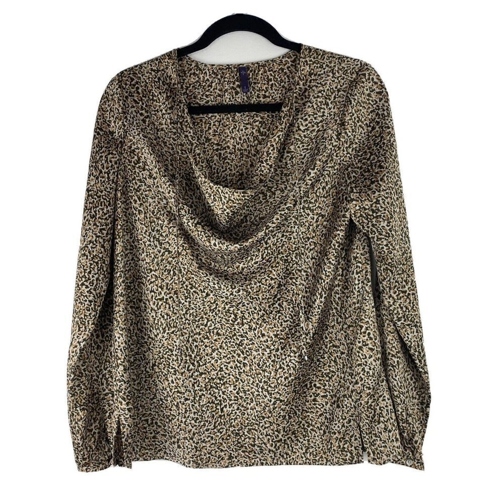 NYDJ Womens Blouse Size S Animal Print Brown Tan Long Sleeve Cowl Neck Top